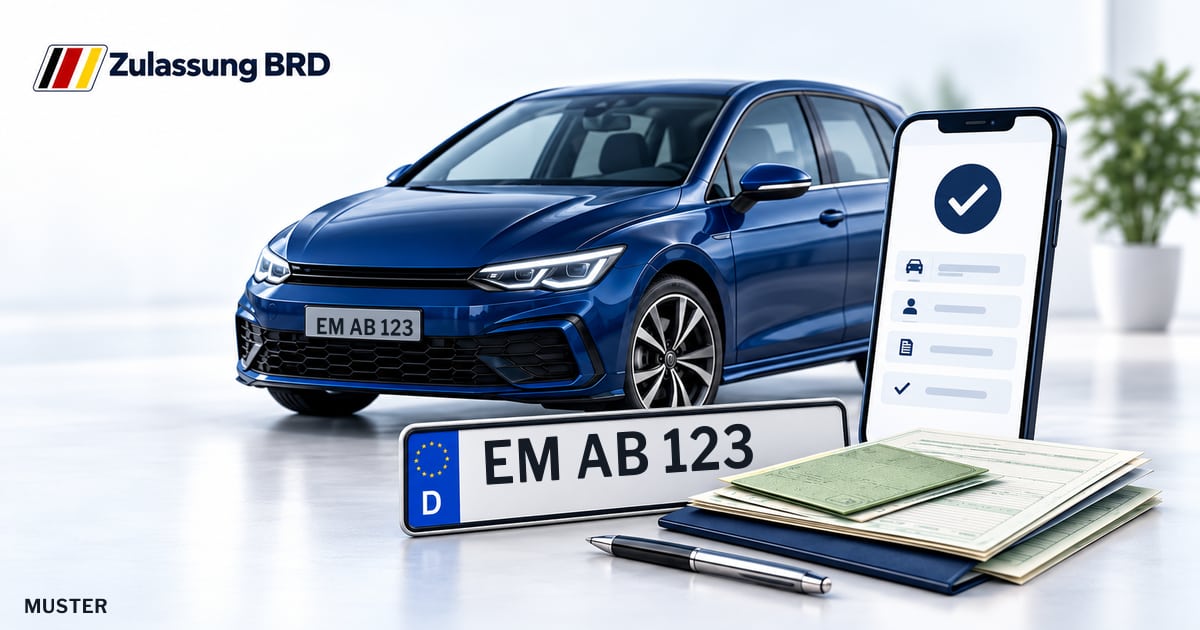 Online Fahrzeugzulassung in Teningen: Musterkennzeichen EM AB 123, Auto und Fahrzeugpapiere und Smartphone. Illustration mit Logo von Zulassung BRD.